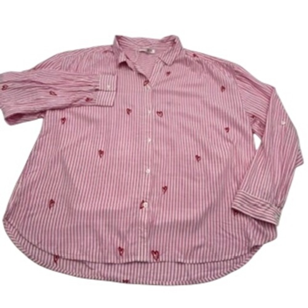 Beachlunchlounge Pink White Striped Heart Embroidered Button Down Shirt XL NWOT